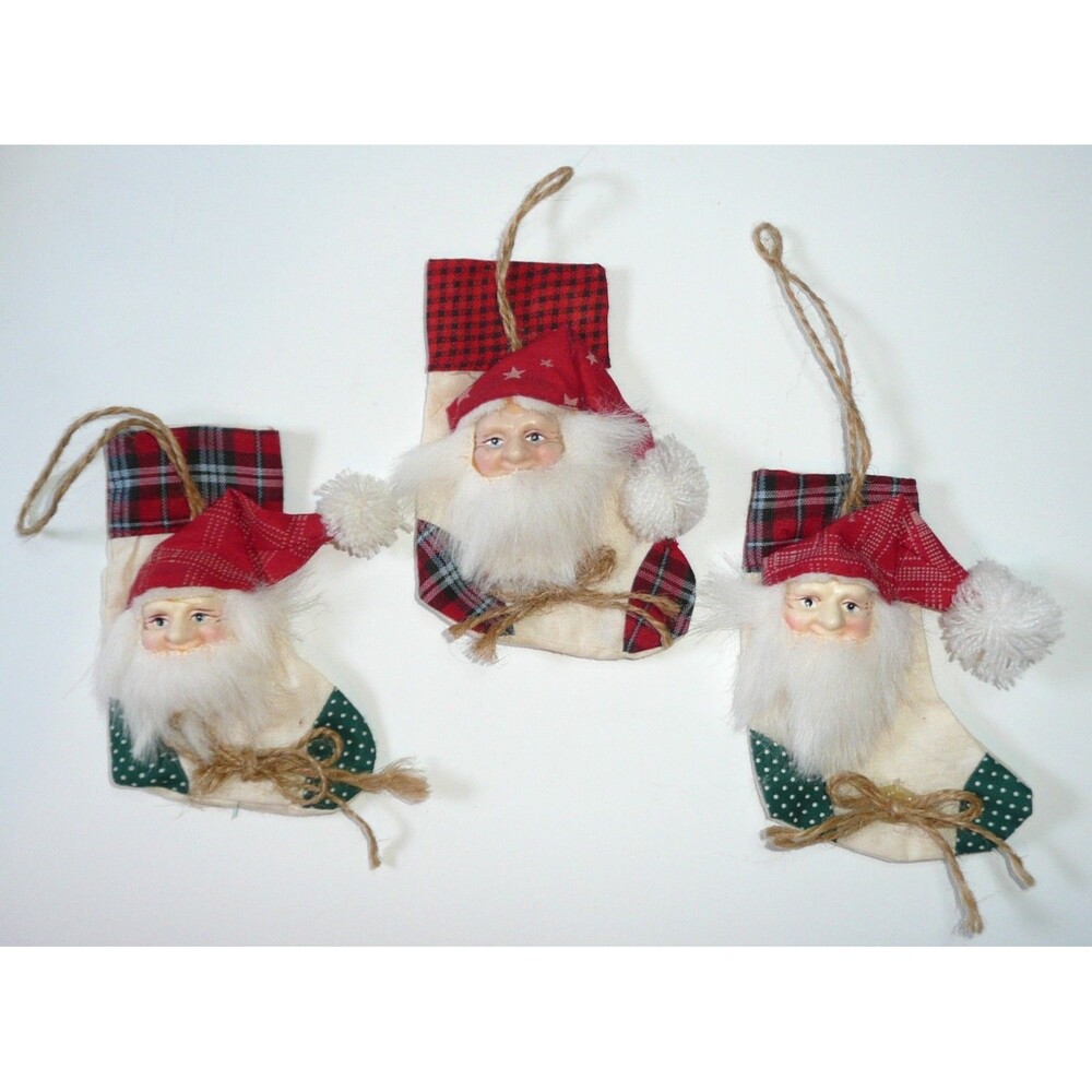 VTG Christmas Stocking Ornaments 3D Santa Elf Face set of 3 Handmade 4"